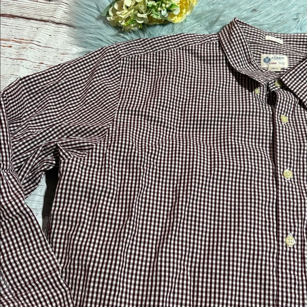 J. Crew 2-Ply Cotton Maroon White Check Button Down Shirt sz XL